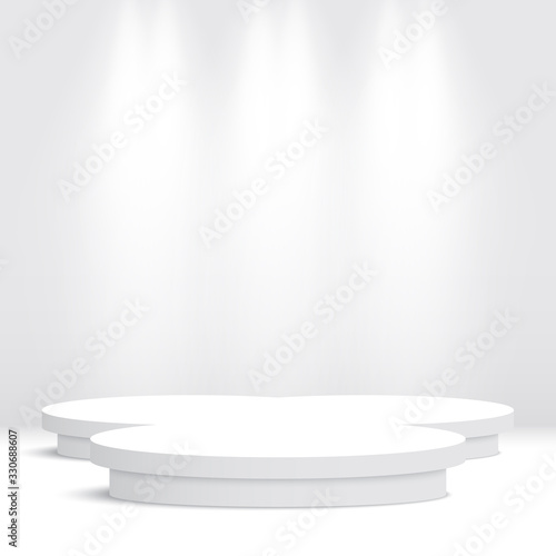White podium with spotlights. Pedestal. Scene. Vector illustration.