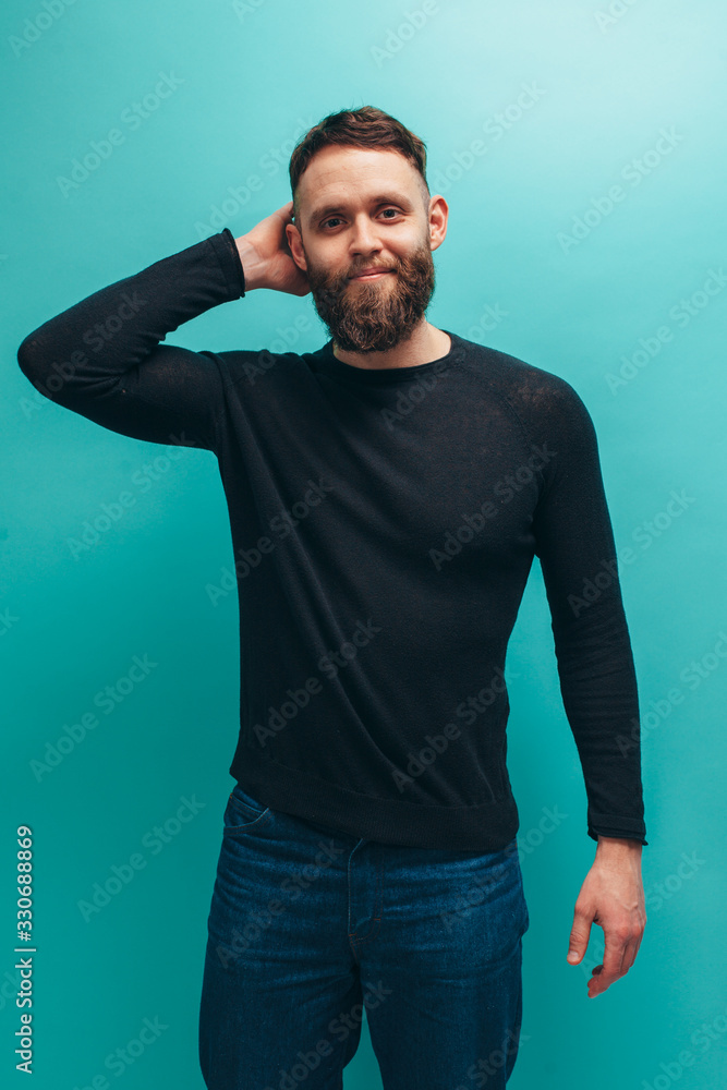 Handsome american hipster guy with beard wearing black long sleeve t-shirt or sweater with space for your brand name or label. Mockup for print Handsome american hipster guy with beard wearing black long sleeve t-shirt or sweater with space for your brand name or label. Mockup for print