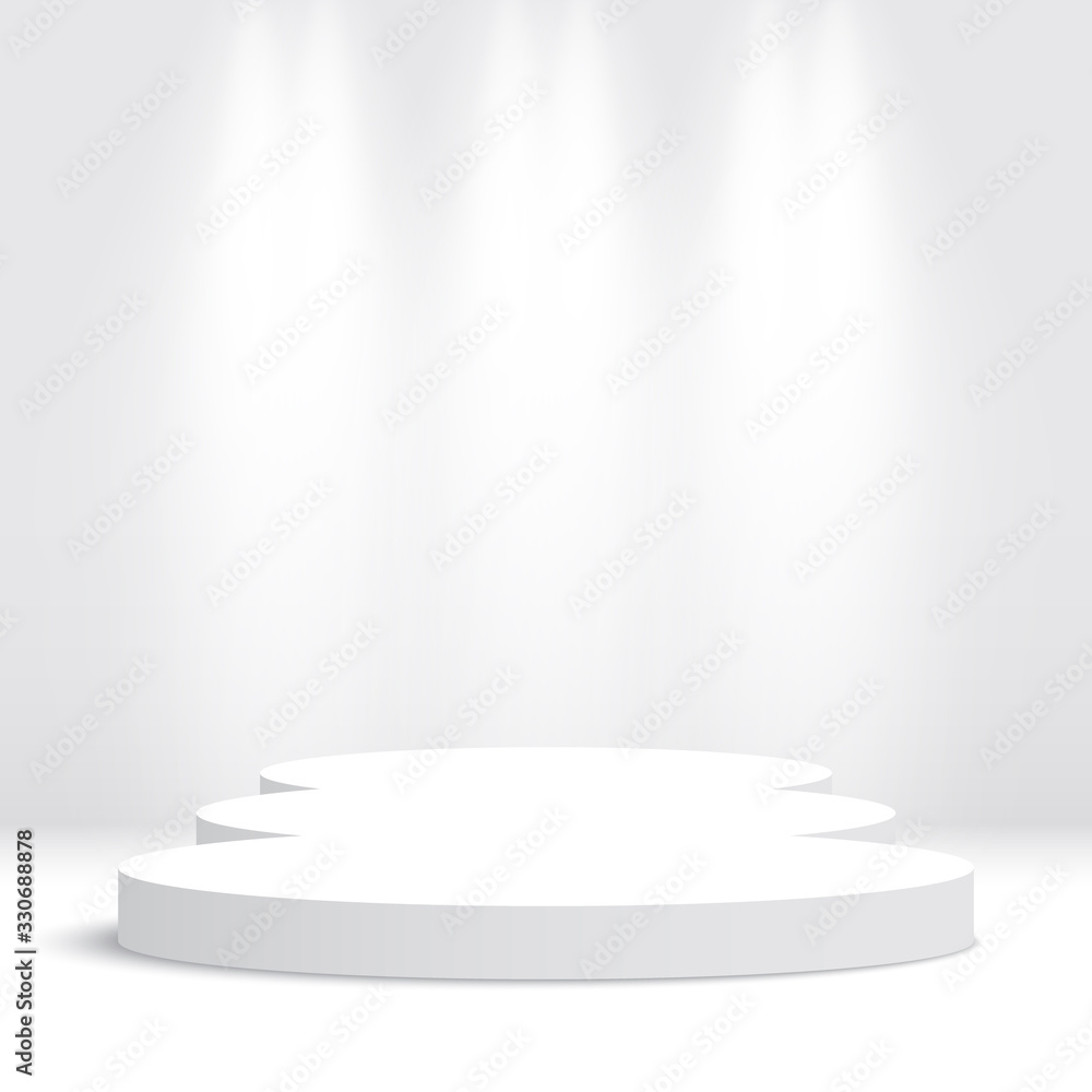 White round podium with spotlights. Pedestal. Scene. Vector illustration. White round podium with spotlights. Pedestal. Scene. Vector illustration.