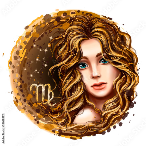 Virgo is a sign of the zodiac. Artistic, color, hand-drawn image of the zodiac Virgo with a symbol and star scheme in watercolor style on a white background.