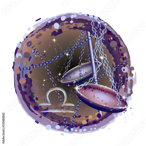 Libra is a sign of the zodiac. Artistic, color, hand-drawn image of the Libra zodiac with a symbol and star scheme in watercolor style on a white background.