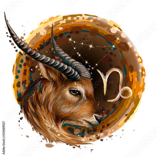Capricorn is a sign of the zodiac. Artistic, color, drawn image of the zodiac Capricorn with the symbol and star scheme in watercolor style on a white background.