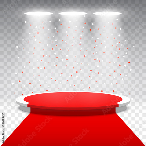 White round podium with red carpet and confetti on transparent background. Stage for awards ceremony. Pedestal. Spotlight. Vector illustration.