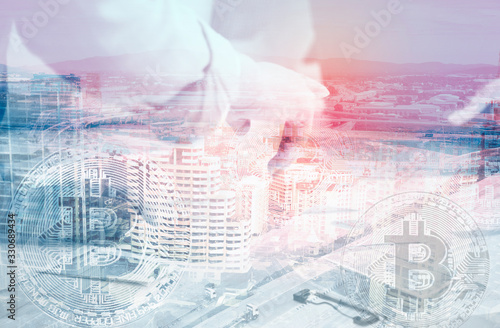 Double exposure of abstract technology and transportation business concept with aerial view background