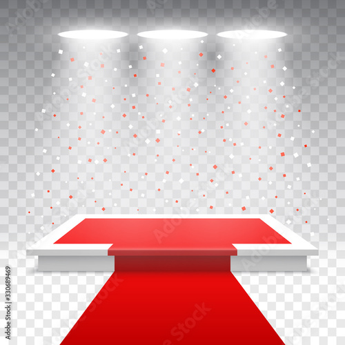 White podium with red carpet and confetti on transparent background. Stage for awards ceremony. Pedestal with spotlights. Vector illustration.