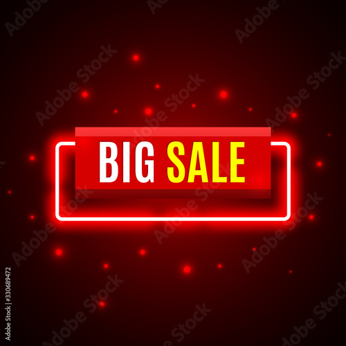 Red sale banner with neon lights. Vector illustration.