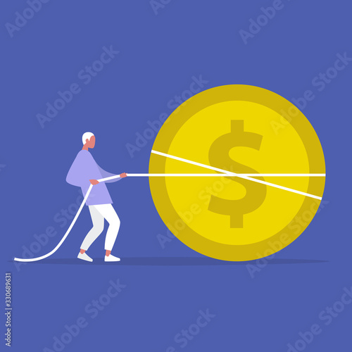Startup funding, young man pulling a giant dollar coin, tug of war business, attracting investments