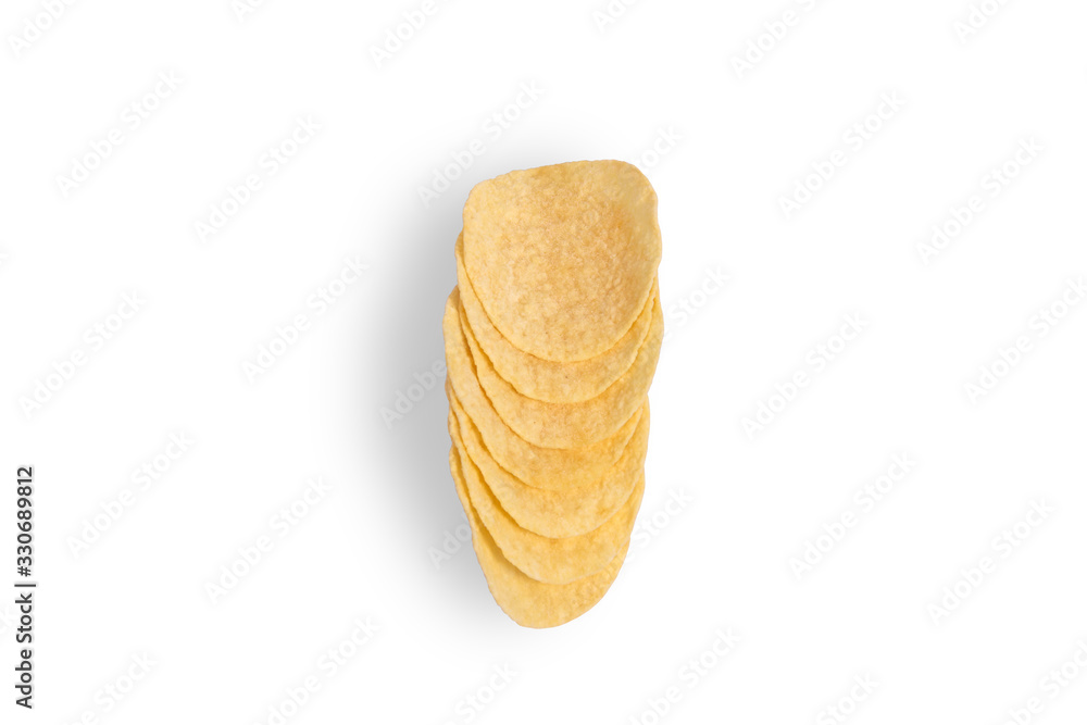 Potato chips isolated on white background. Top view Potato chips isolated on white background. Top view