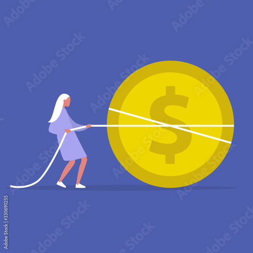 Startup funding, a female character pulling a giant dollar coin, tug of war business, attracting investments