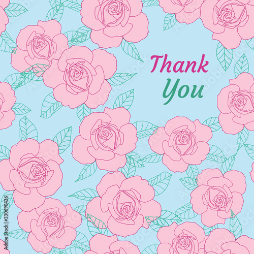 Thank you card with pink roses on light blue background