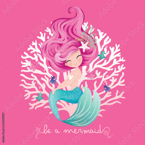 Lovely mermaid with little fishes vector illustration, kids fashion artworks, children books, wallpapers, greeting cards and t shirt prints.