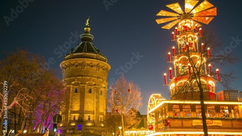 Timelapse of Famous Bright Christmas Market in Mannheim at Night Time 