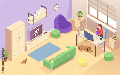 Woman with child working at home. Isometric view on living room with young mother and kid at desk. Female freelancer doing remote job using computer. Vector freelance workspace interior. Overwork