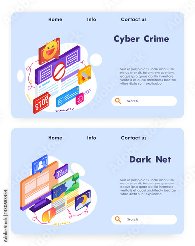 Computer security and cyber crime. Virus attack alert. Darknet technology. Vector web site design template. Landing page website concept isometric illustration.