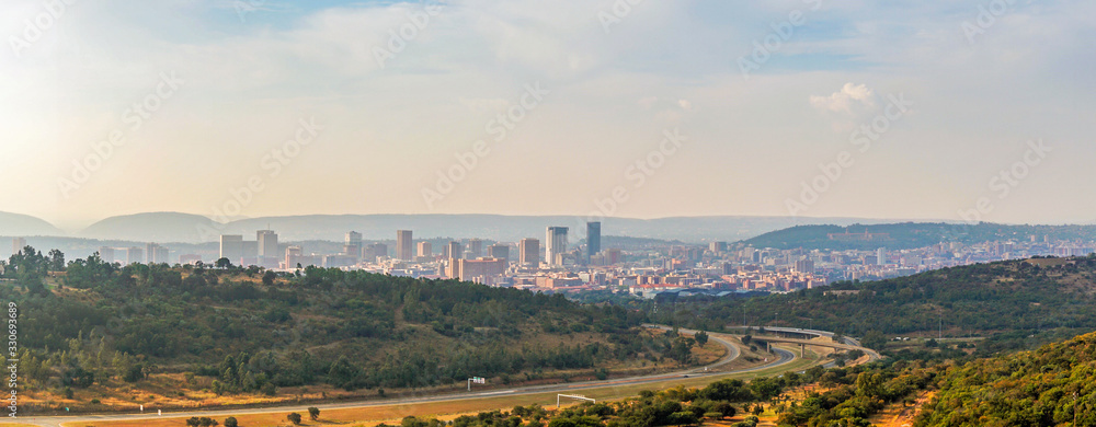 Pretoria skyline with road leading into city, South Africa