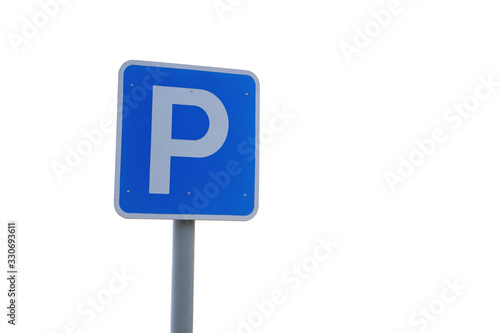 Parking traffic road sign on the right side and background of blue sky. Parking sign isolated on white background