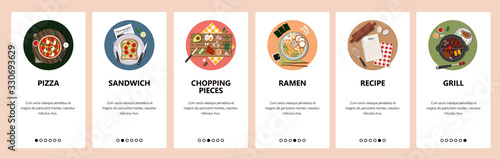 Top view of world cuisine meals. Food menu in restaurant, pizza, sandwich, ramen, grill. Mobile app screens. Menu vector banner template for website mobile development. Web site design illustration