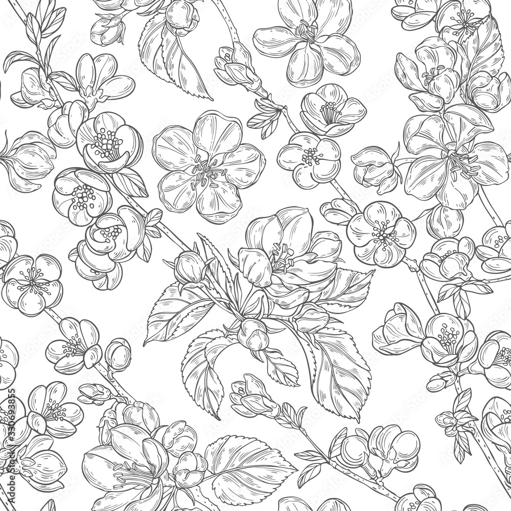 Seamless pattern with blooming branches of quince and apple tree on white. Floral vector background.