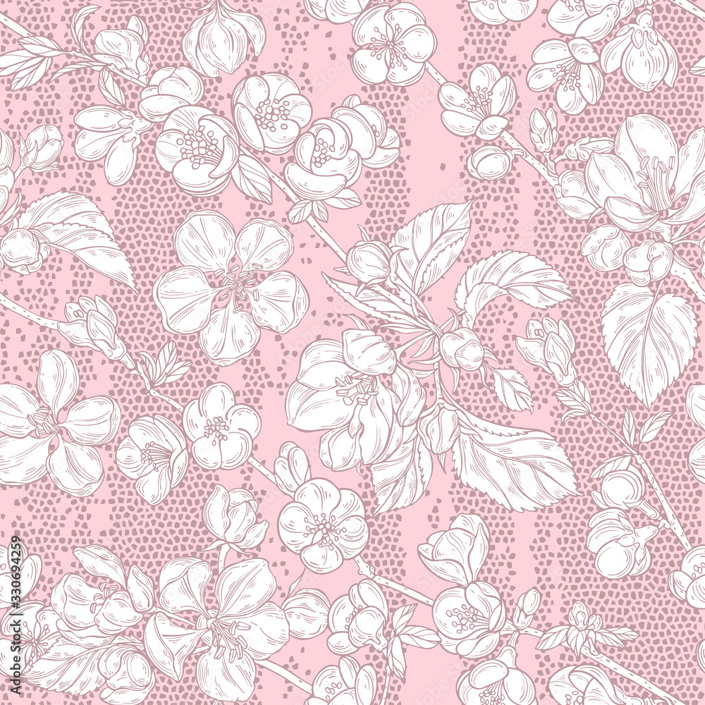 Seamless pattern with blooming branches of quince and apple tree on texture background. Floral vector background.