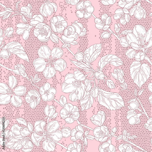 Seamless pattern with blooming branches of quince and apple tree on texture background. Floral vector background.