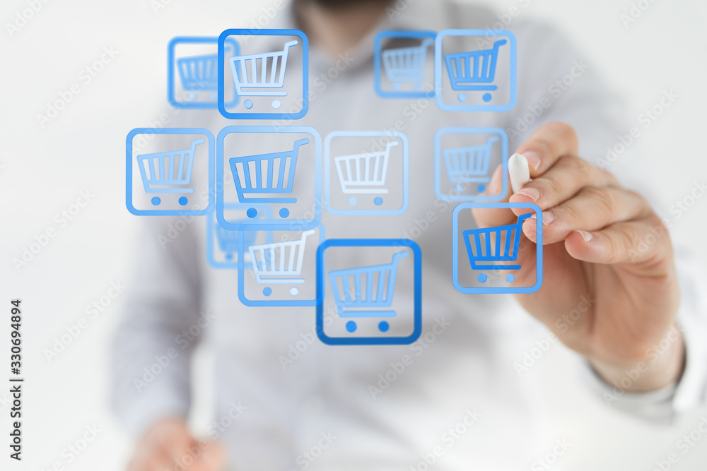 Businessman pressing modern technology panel shopping cart web phone credit card. Businessman pressing modern technology panel shopping cart web phone credit card.