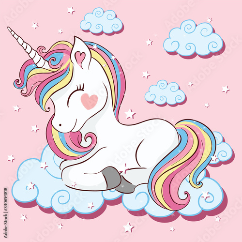 Cute unicorn on cloud vector illustration, children artworks, fashion graphic, wallpaper and greeting card designs.