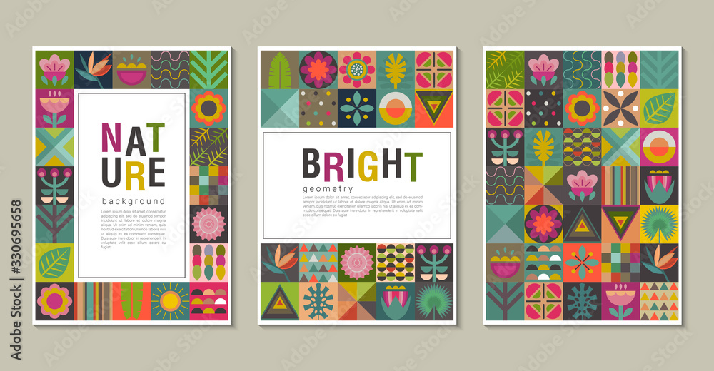 Vector collection of trendy creative cards with patchwork mosaic design. Geometric square cartoon jungle plants