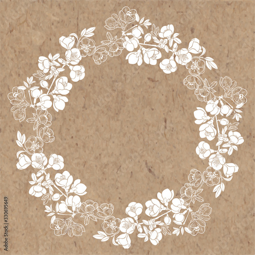Round vector frame with blooming quince tree branches on kraft paper. Illustration with place for text, can be used creating card, menu or invitation card. photo