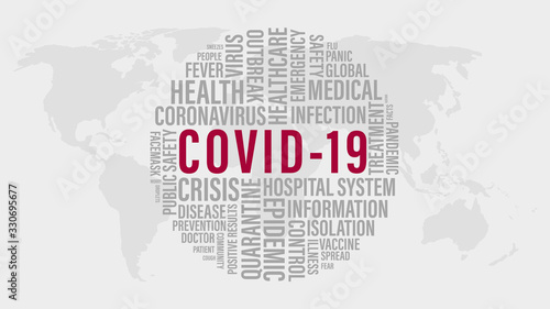 COVID 19 or Coronavirus word cloud with red COVID-19 words and grey word tag on world map background.  Abstract concept 2020 Coronavirus disease.