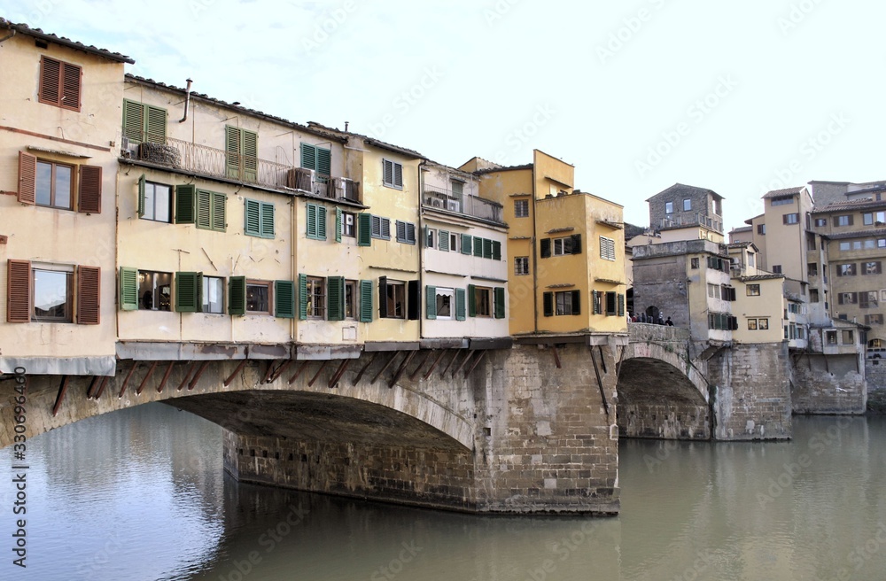 Florence old Italian town medieval buildings urban panorama beautiful cityscape water bridge sky background