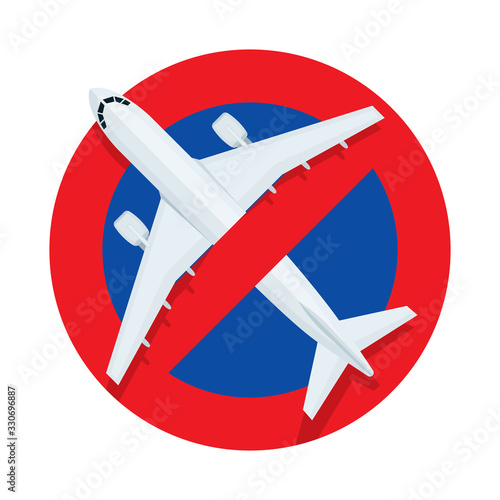 Flights ban symbol. Airplane in red prohibition vector sign. Stop flight sign. Part of set. 