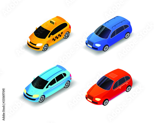 Vector cars isometric illustration  different cars isolated on white background  color car illustration  blue  yellow  red cyan