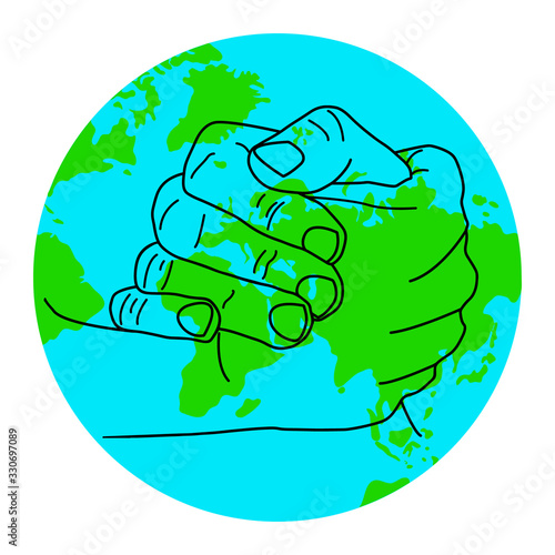 Hands with globe earth web isolated on white background. Save earth concept. Earth day symbol for card, placard, poster, brochure. Internationnal Peace Day concept. World hand logo. Stock vector photo