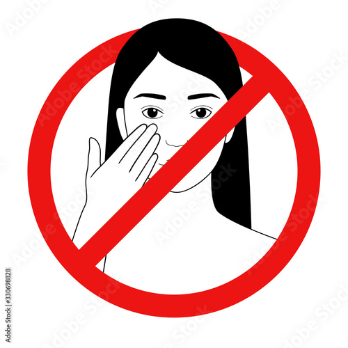 Prohibition of touching the face. Red stop sign. Vector illustration