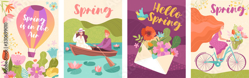 Colorful collection of spring poster or card designs with a hot air balloon, couple boating, flowers in an envelope and woman with long hair cycling, vector illustration