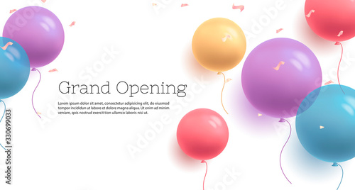 Background with fastive air balloons of round shape and confetti, multicoloured with grand opening text banner