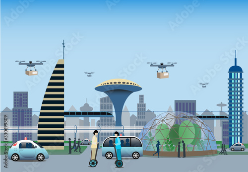 Renewable electrified city transport concept in near future. Driverless vehicles and drones for light deliveries. Monorail trains and Self-Balancing Electric Transporter.