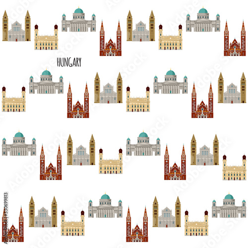 Sights of Hungary. Esztergom Basilica, Great Reformed Church in Debrecen, Sts. Peter and Paul’s Cathedral Basilica in Pecs, Votive Church and Cathedral in Szeged. Seamless background pattern.