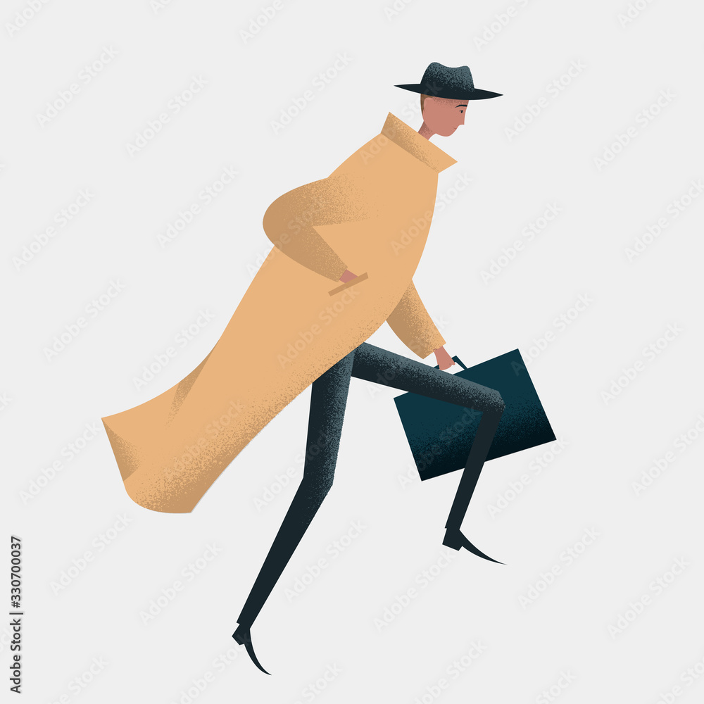 Vector illustration of a man wearing coat and hat and running with a ...