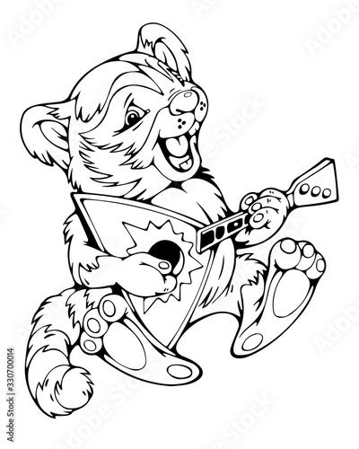 Funny cartoon badger sings loudly and plays his favorite balalaika