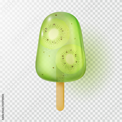 Ice lolly isolated on transparent background. Realistic kiwi freeze juice on stick. Vector popsicle or candy template..