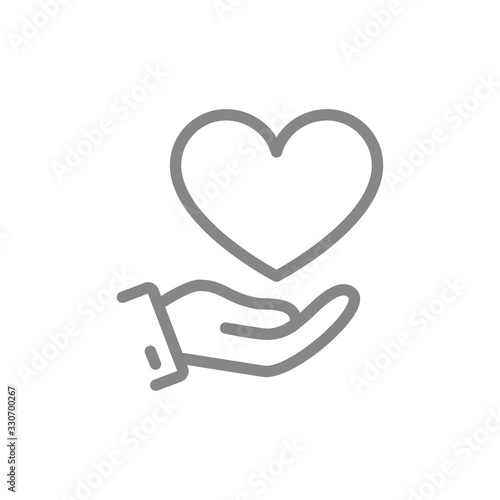 Fototapeta Hand with big heart, giving a love line icon. Charity, donation, like symbol