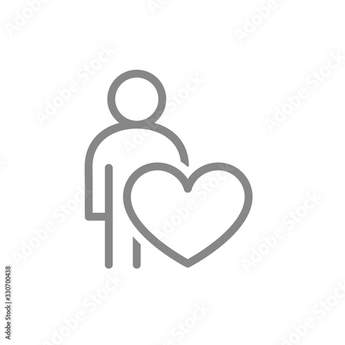 Human with big heart, self care line icon. Like, donation, charity symbol