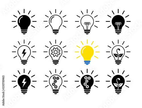 Set Of Light Bulb Flat Icons, Linear And Black. Collection Of Lighting Electric Lamps. Simple Pictograms, 12 Items. Vector Graphic Design Elements. Creative Idea Sign, Solution, Innovation Concept.