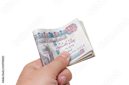 Man Paying Money,  Banknotes in Hand Isolated on White Background, Egyptian One Hundred Pounds