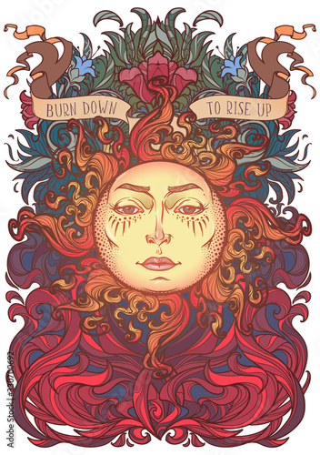 Colourfull and intricate drawing of a sun with a human face on a decorative flames and plants ornament with a motivation motto. Vintage logo. EPS10 vector illustration