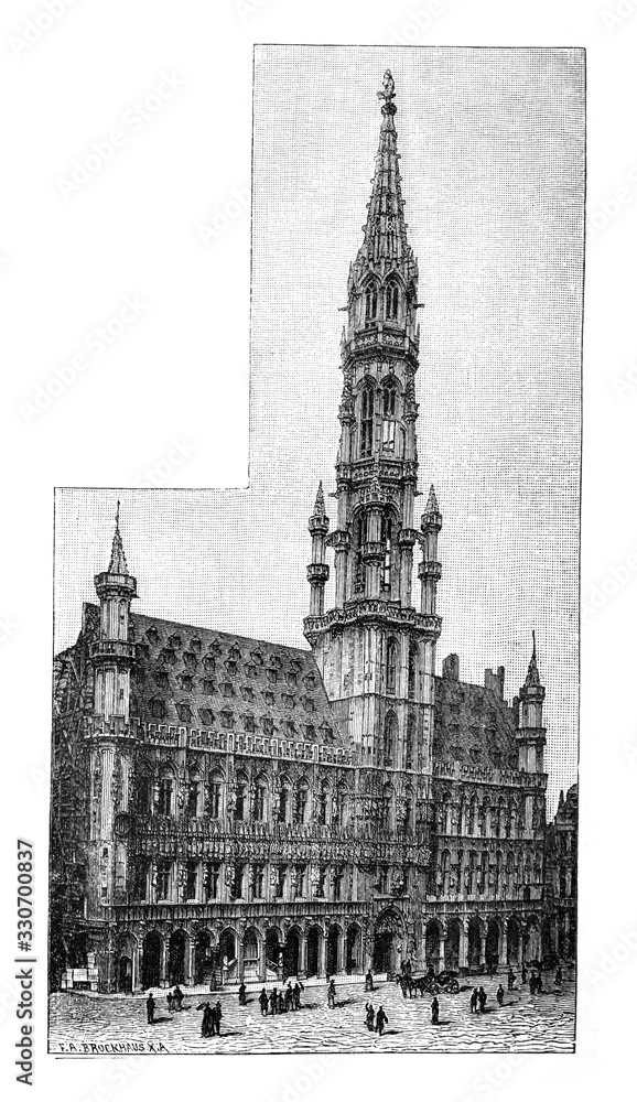 Brussels town hall building / Antique illustration from Brockhaus Konversations-Lexikon 1908