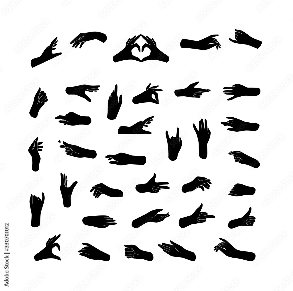 Trendy vector hands in linear style. Minimalism. Black full hands illustrations with white lines in different positions. Line and silhouette. Perfect logo for your brand, packaging, cosmetic, jewelry Trendy vector hands in linear style. Minimalism. Black full hands illustrations with white lines in different positions. Line and silhouette. Perfect logo for your brand, packaging, cosmetic, jewelry