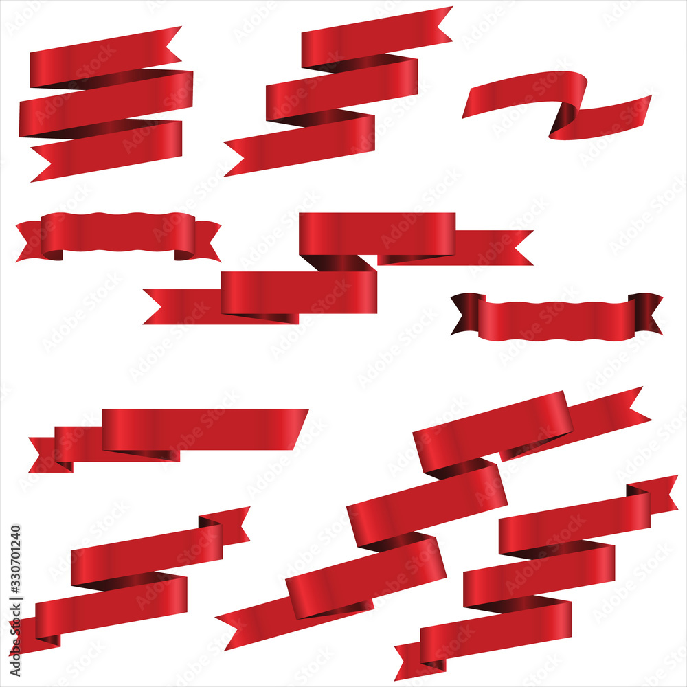 Red Ribbon Set In Isolated For Celebration And Winner Award Banner White Background, Vector Illustration can use for anniversary, birthday, party, event, holiday And others.