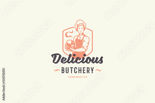 Hand drawn logo male butcher holding meat silhouette and modern vintage typography retro style vector illustration